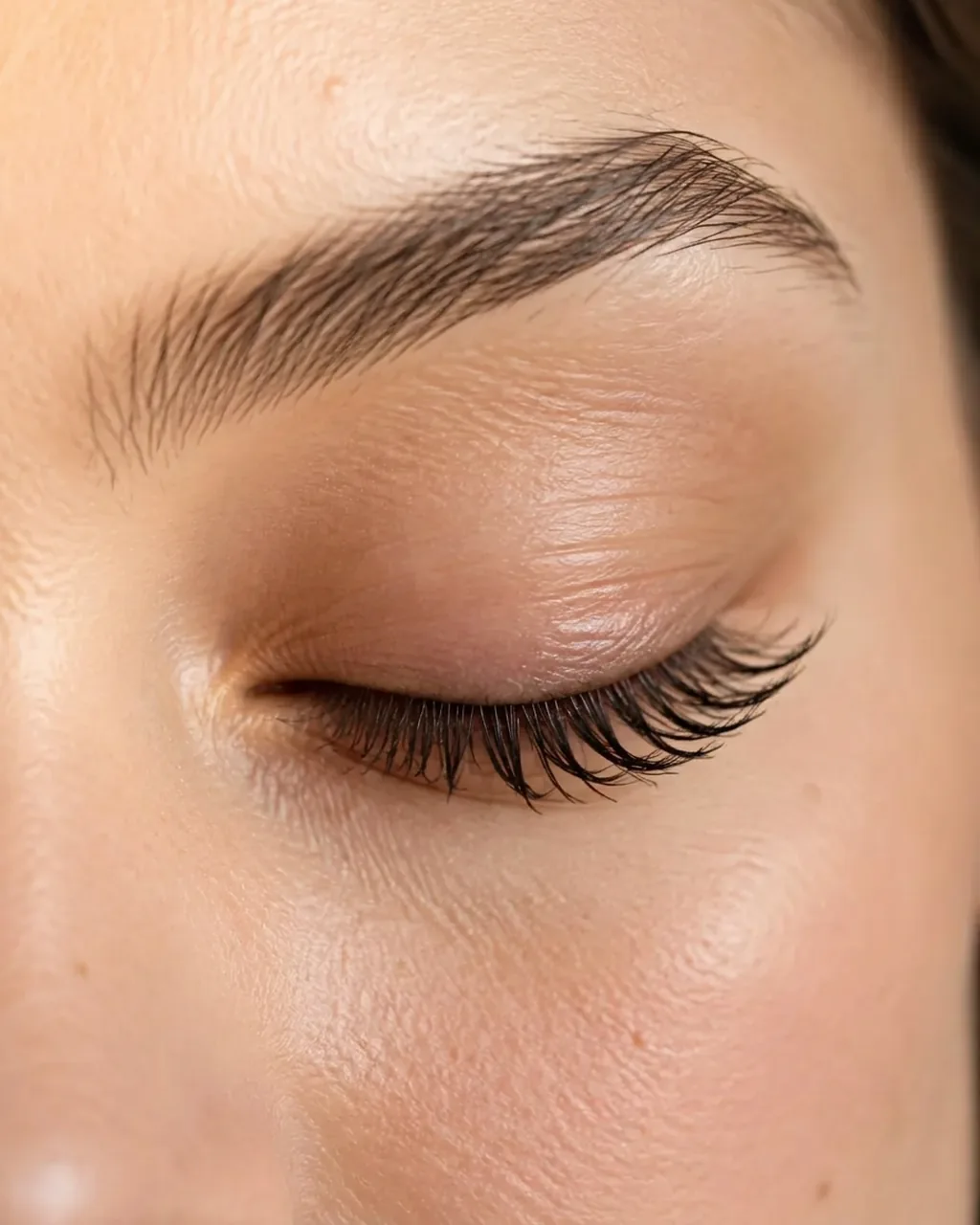 Close-up of an East Asian woman's closed eye after a lash lift, with naturally curled lashes and realistic skin texture