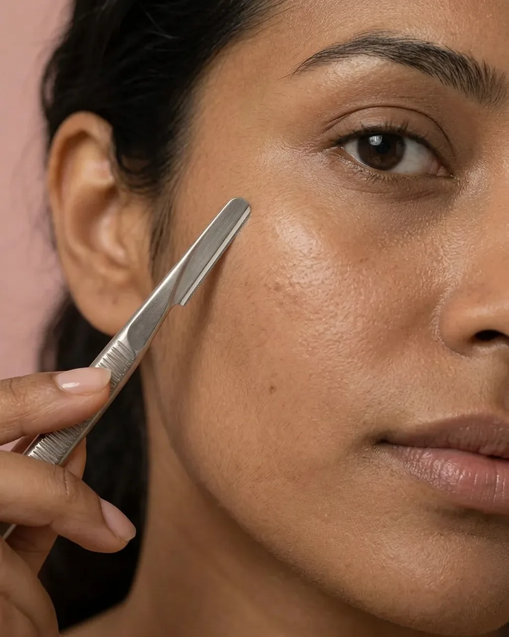 Dermaplaning tool held near a South Asian woman's cheek, showing natural pores, fine peach fuzz and subtle pigmentation