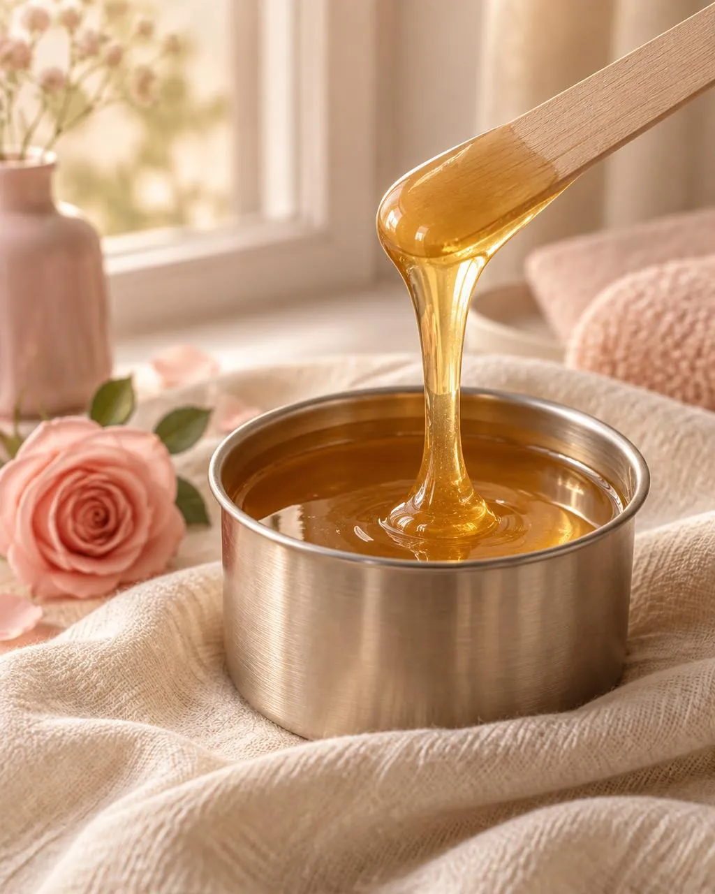 Wooden spatula lifting a glossy ribbon of warm honey-colored wax from a small pot