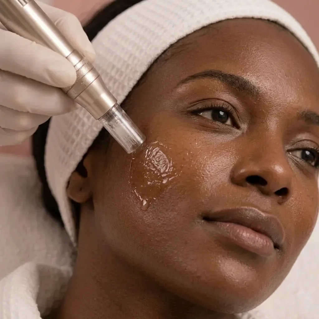Gloved hand holding a microchanneling tool near a Black woman's serum-coated cheek, with glowing skin and natural texture